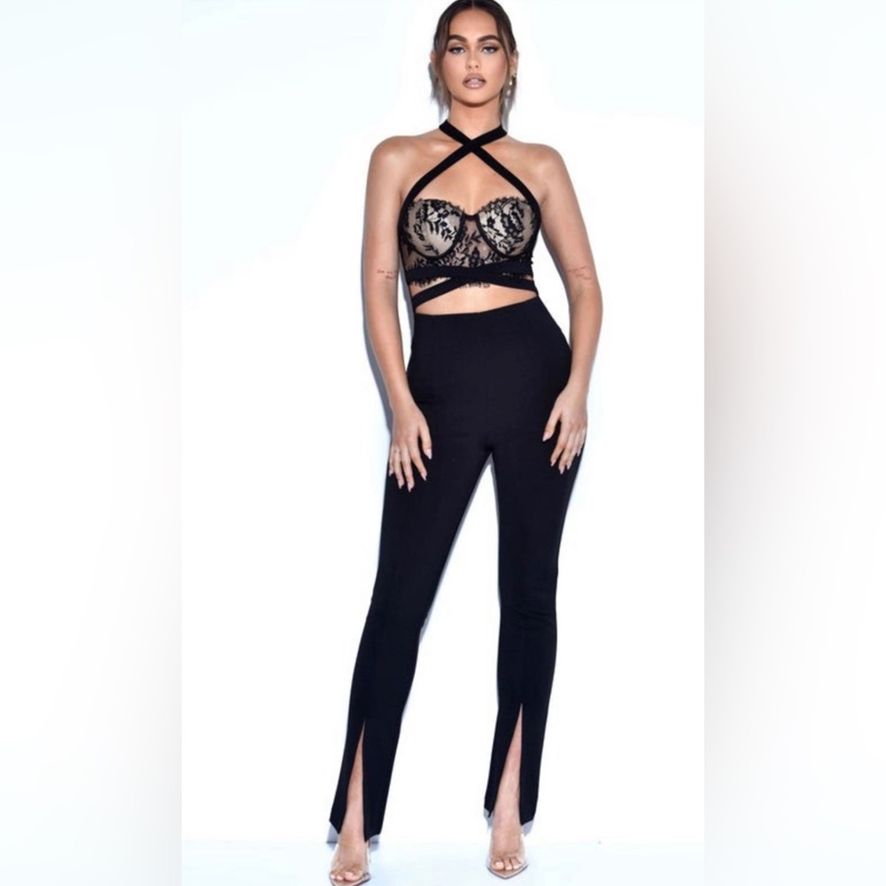 Miss Circle - Lace Cutout Halter Jumpsuit with Pant Leg Slit - NWT